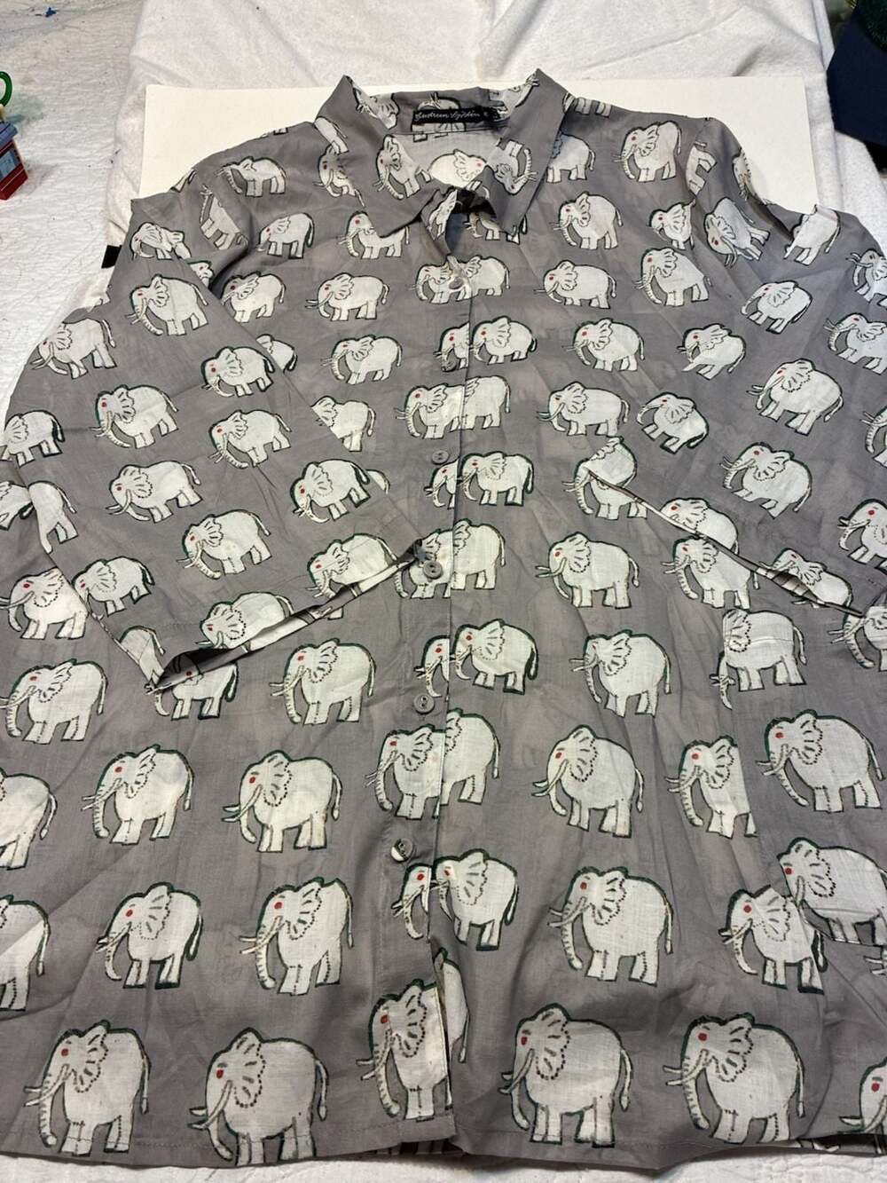 Gudrun Sjödén Elephant Patterned Organic Cotton Blouse in Grey